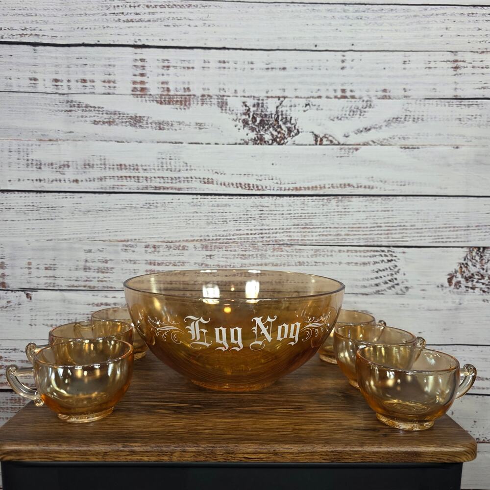 VTG Jeannette Glass Marigold Iridescent Egg Nog Bowl & 6 Cups Carnival Glass